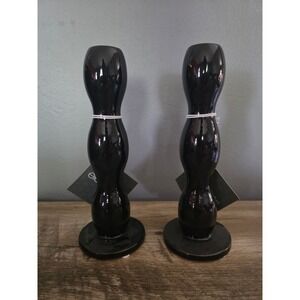 Elements 9in Black Wavy Stoneware Taper Holder Set of 2 Glossy 531232